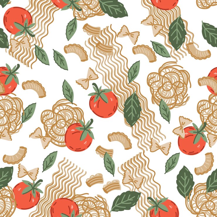Vetor padrão decorativo perfeito com ilustração vetorial de macarrão e tomate