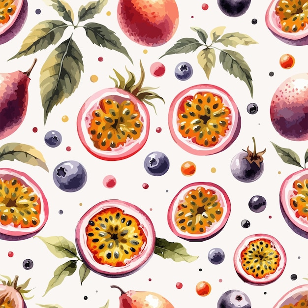 Vetor padrão desenhado à mão com aquarela de fruta da paixão sem costura