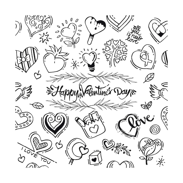 Vetor padrão do dia dos namorados do doodle desenhado à mão