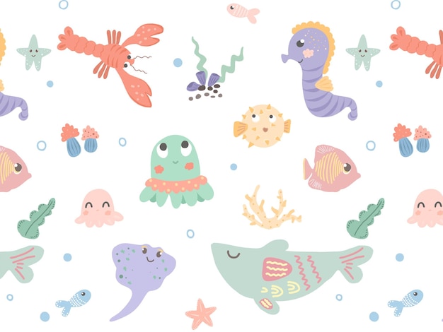 Padrão do mundo subaquático personagens subaquáticos dos desenhos animados peixe-baleia estrela do mar polvo padrão desenhado à mão para tecidos infantis papéis de parede têxteis