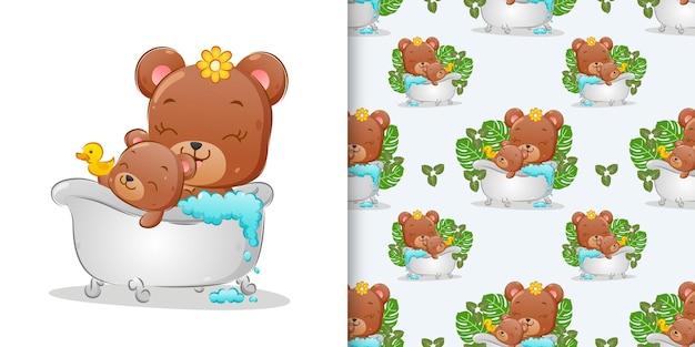 Padrão dos dois ursos tomando banho na banheira com pato de borracha