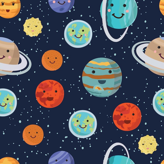 Padrão dos planetas do sistema solar. brilhante e lindo planeta sorridente. ilustração