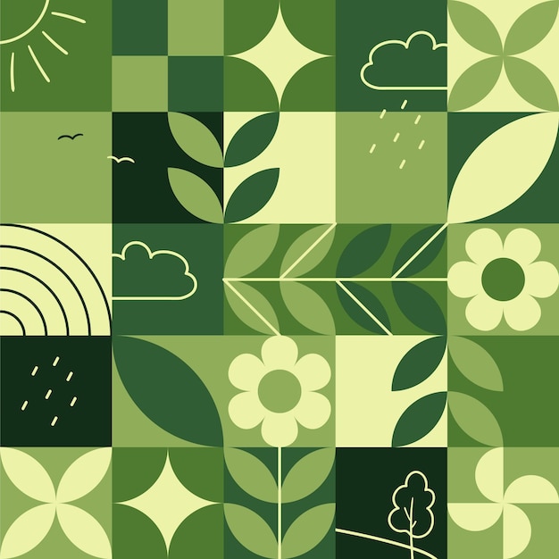 Vetor padrão ecológico verde natural geométrico sem costura com elementos naturais e vegetais