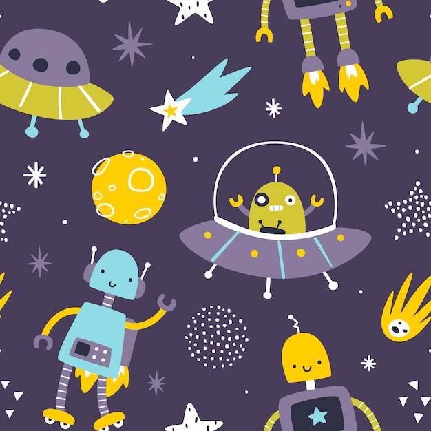 Padrão espacial bonito com robôs alienígenas para crianças Impressão vetorial cósmica sem costura
