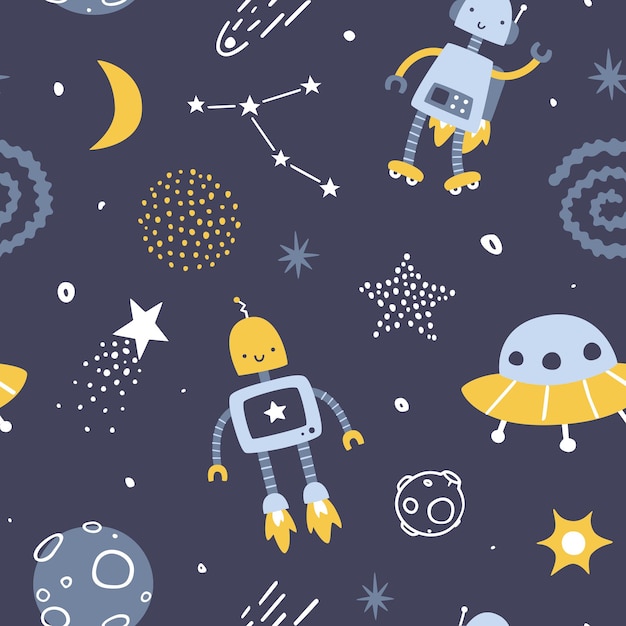 Padrão espacial bonito com robôs para crianças Impressão vetorial cósmica sem costura para têxteis e tecidos para bebês
