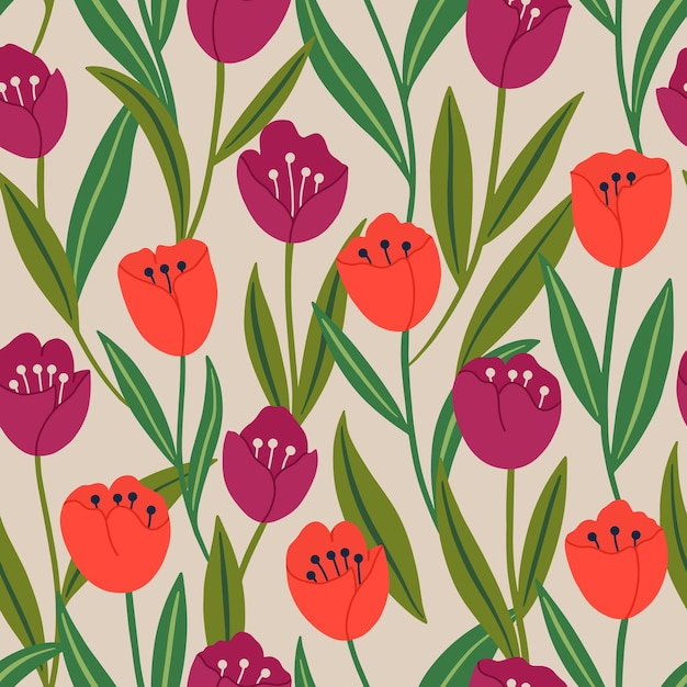 Vetor padrão estético imprimível sem costura com design de impressão botânica de primavera flores decorativas de tulipa