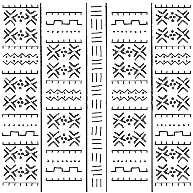 Padrão étnico tribal preto e branco com elementos geométricos, pano de barro africano tradicional, design tribal
