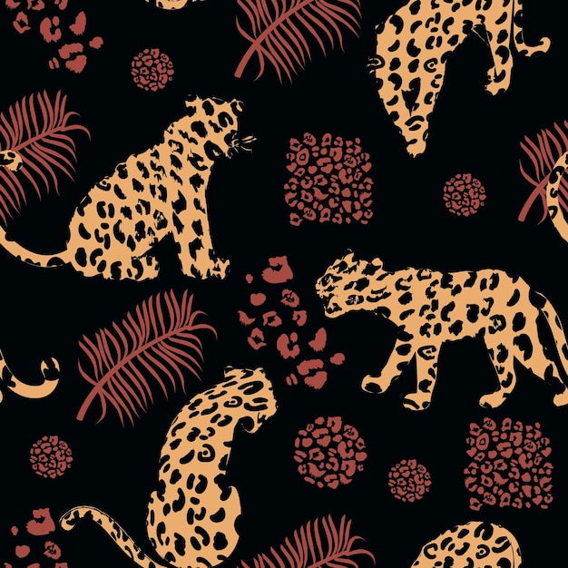 Vetor padrão exótico sem costura da moda com silhuetas abstratas de folhas e texturas tropicais de leopardos