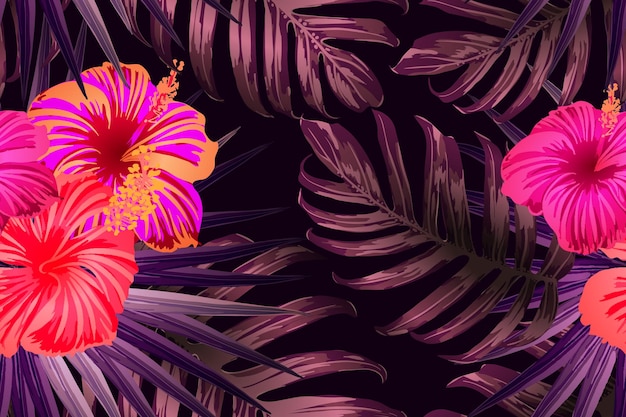 Padrão exótico vermelho rosa. Folhas de Monstera e flores de hibisco em estampa de verão. T-shirt havaiana e azulejo de moda praia. Design de textura natural horizontal da Califórnia. Design botânico hipernatural.