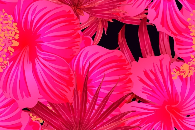 Vetor padrão exótico vermelho rosa. folhas de monstera e flores de hibisco em estampa de verão. t-shirt havaiana e azulejo de moda praia. telha exótica de vetor selvagem romântico horizontal. design botânico hipernatural.