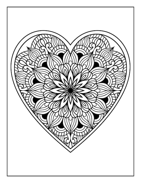 Padrão floral de mandala em forma de coração desenhado à mão para adultos página para colorir, páginas para colorir mandala coração