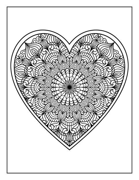 Padrão floral de mandala em forma de coração desenhado à mão para adultos página para colorir, páginas para colorir mandala coração