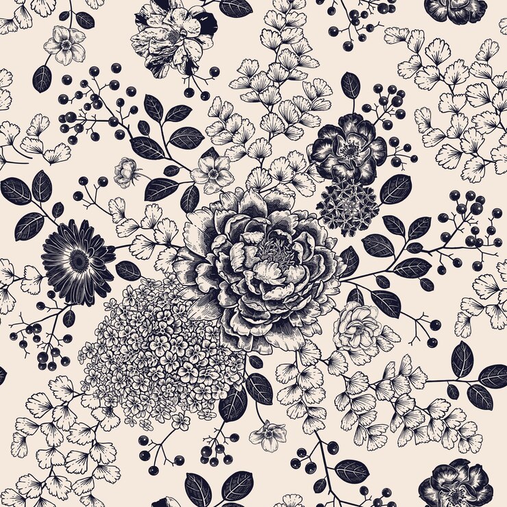 Padrão floral de verão sem costura Flores de jardim bonitas deixam galhos e bagas Preto e branco