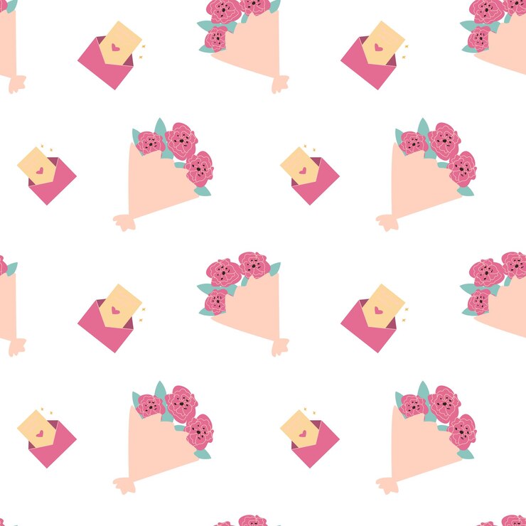 Vetor padrão floral e envelope sem costura com rosas cor-de-rosa em fundo branco