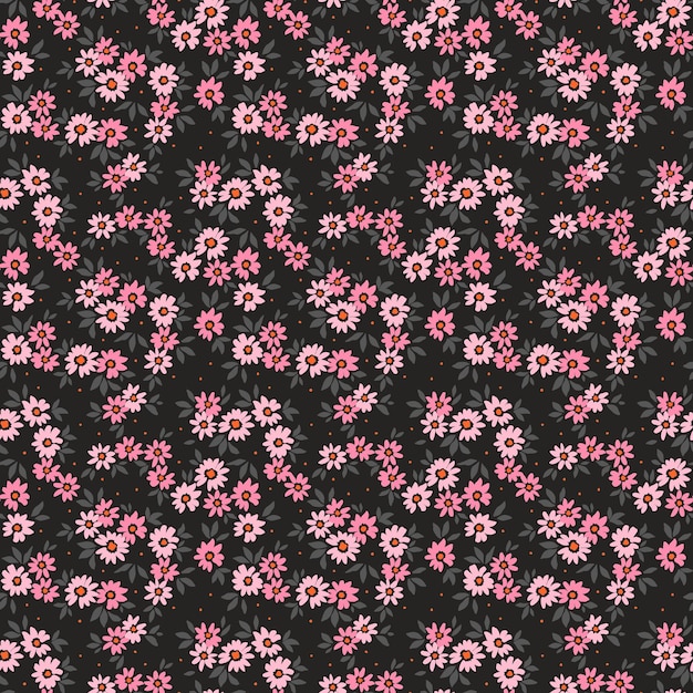 Vetor padrão floral flores fofas fundo preto design com flores de alfinetes pequenos estampa ditsy