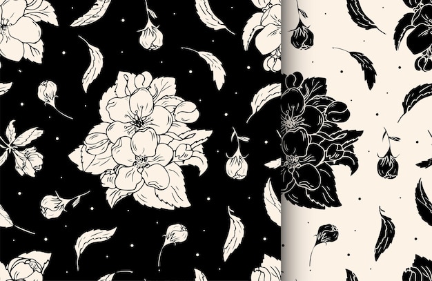 Padrão floral perfeito com flores de cerejeira pretas e brancas para embrulho de tecido de impressão têxtil