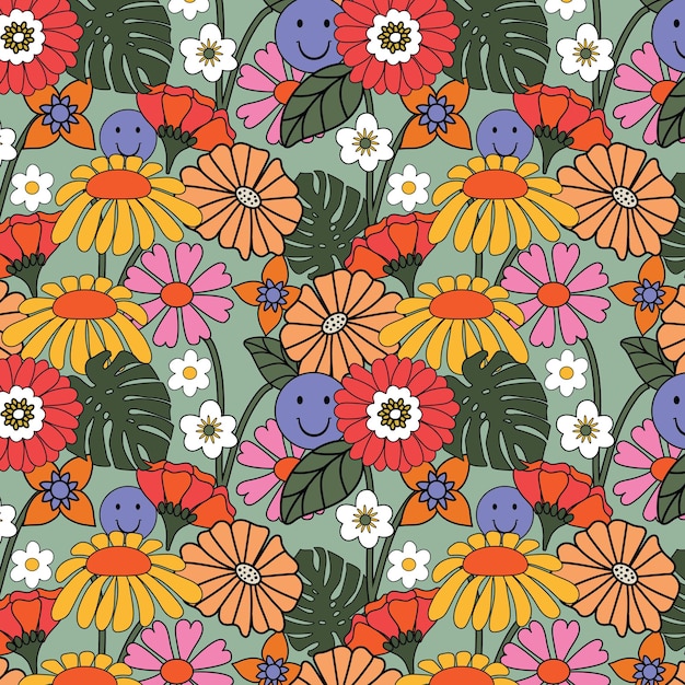 Padrão floral retrô sem costura estilo bonito dos anos 70 com flores e folhas desenhadas à mão