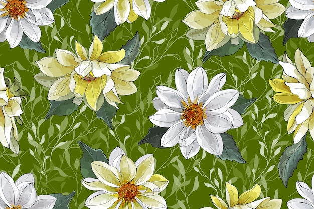 Padrão floral sem costura com dálias amarelas e brancas e folhas sobre fundo verde