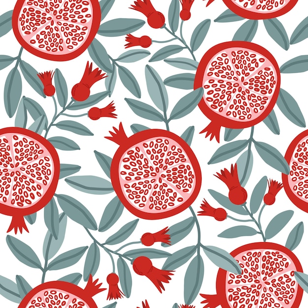 Vetor padrão floral sem costura com ilustração de frutas e sementes de romã vector design tropical