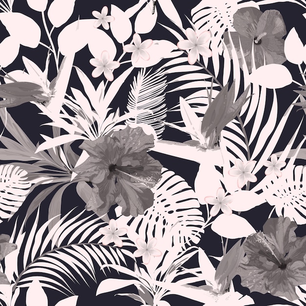 Padrão floral sem costura de fundo com flores tropicais desenhadas à mão em preto e branco isoladas Vetor grátis