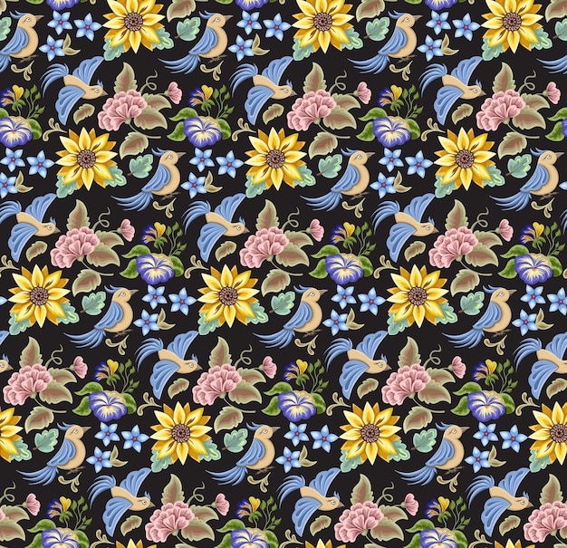 Padrão floral sem costura em fundo preto com pássaro azul