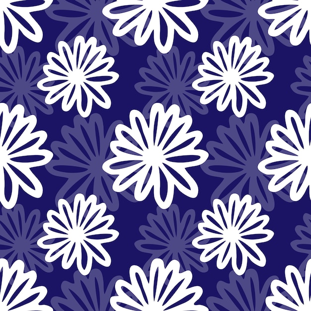 Padrão floral sem costura ilustração vetorial de contorno simples modelo de impressão de tecido gráfico doodle fundo vintage álbum de recortes ou papel de embrulho flores de camomila branca sobre fundo azul