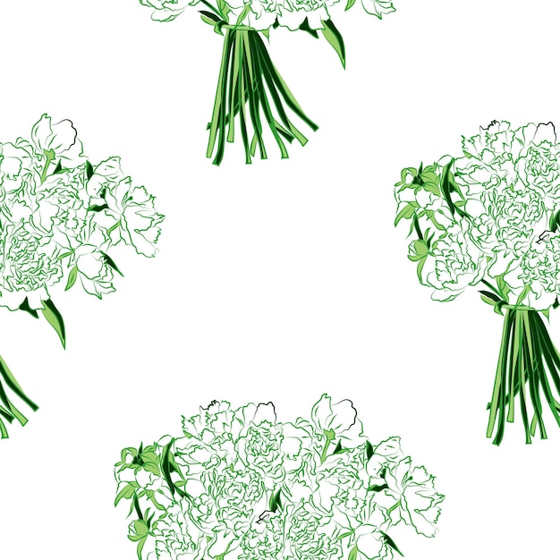 Padrão floral vetorial sem costura de flores de peônia branca com folhas verdes