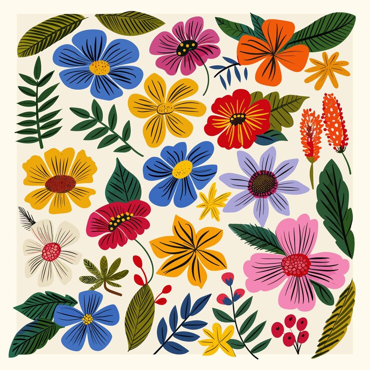 Padrão floral vibrante com flores coloridas desenhos de folhagem flora artística obras de arte várias