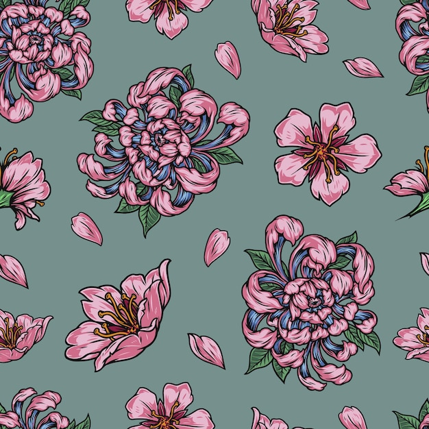 Padrão floral vintage sem costura com lindas flores japonesas cor de rosa e pétalas