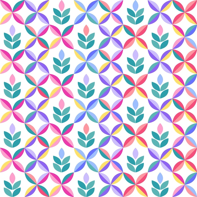 Padrão geométrico abstrato com flores coloridas e formas geométricas em fundo branco