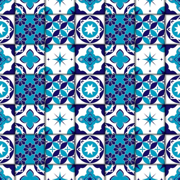 Padrão geométrico de azulejo marroquino vector azul abstrato sem costura