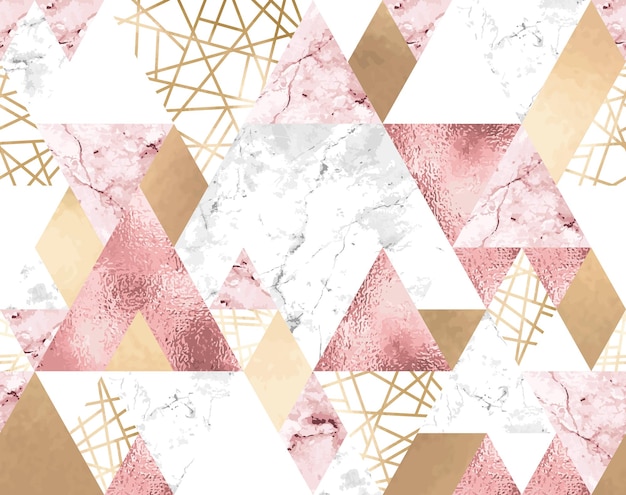 Vetor padrão geométrico sem costura com linhas metálicas ouro rosa cinza e triângulos de mármore rosa