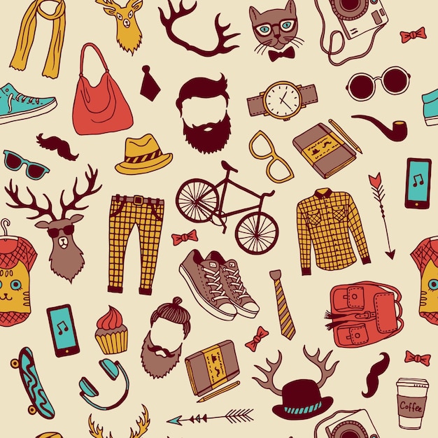 Padrão Hipster Sneakers de barba Gadgets de bigode Fundo sem costura vetorial