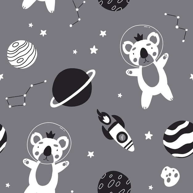 Padrão infantil monocromático sem costura com estrelas do planeta coala astronauta e constelação textura criativa de crianças escandinavas para vestuário de papel de parede têxtil de embrulho de tecido