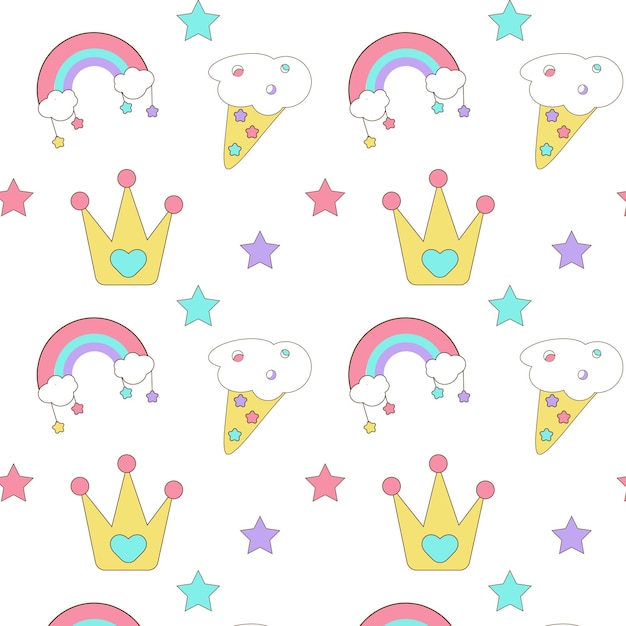 Padrão infantil sem costura estilo engraçado estilo doodle estilo arco-íris sorvete estrelas e coroa