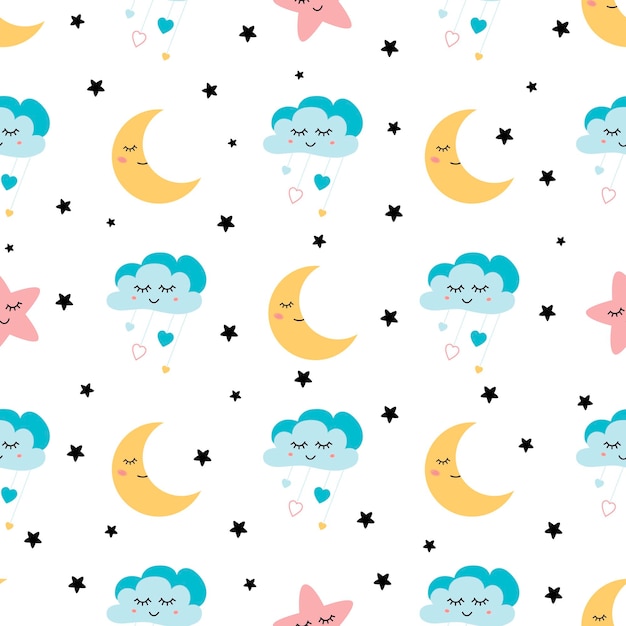 Padrão infantil sem costura estrelas de bebê fofo e nuvens lua estilo noturno criativo crianças textura azul rosa para tecido embrulho têxtil papel de parede fundo de vestuário pijama infantil ilustração vetorial