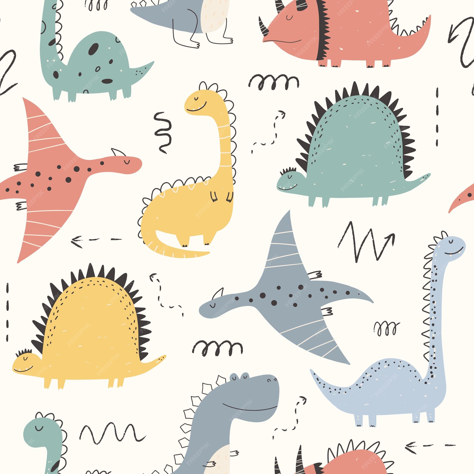 Papel de Parede Infantil Desenhos Dinossauros Fofos Colorido