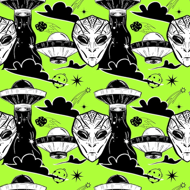 Vetor padrão ininterrupto de ovnis invasão de alienígenas símbolo místico fenômenos paranormais primeiro contato