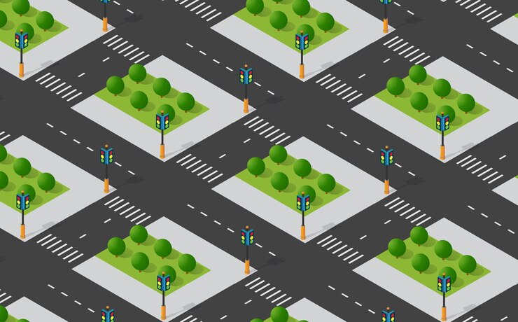 Vetor padrão isométrico de encruzilhadas urbanas com semáforos e áreas verdes