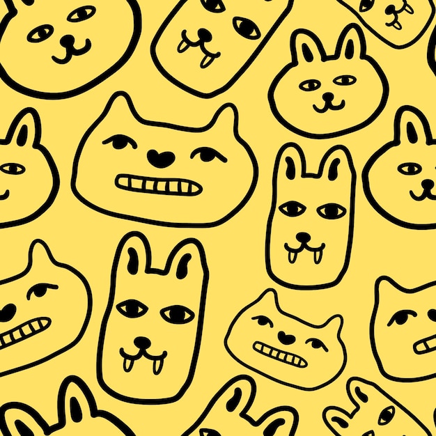 Vetor padrão linear preto e branco com animais em padrão vetorial com gatos em estilo doodle para design