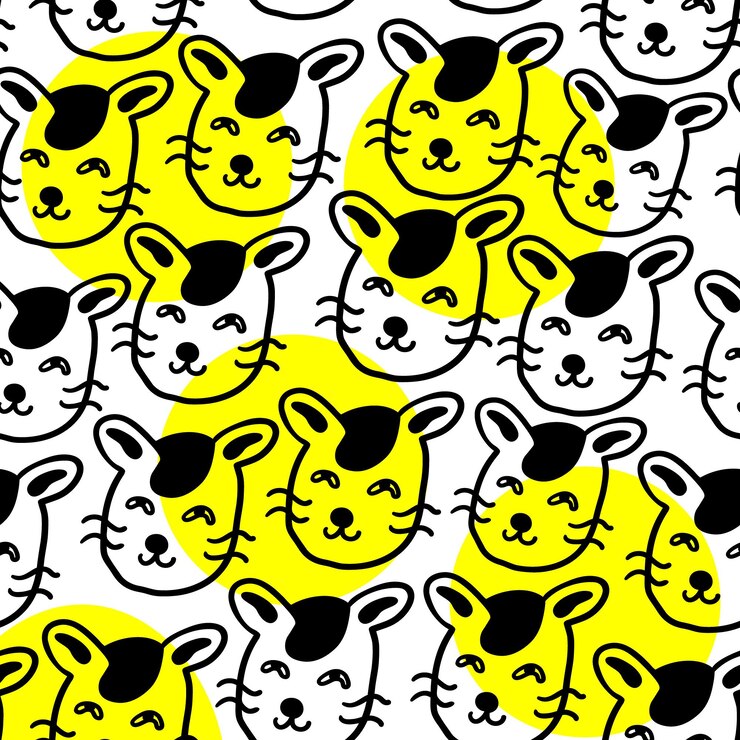 Vetor padrão linear preto e branco com animais em padrão vetorial com gatos em estilo doodle para design