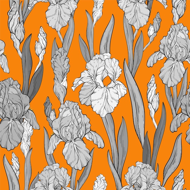 Padrão monocromático sem costura com flores de íris e folhas de fundo laranja impressão botânica floral de primavera ilustração em vetor