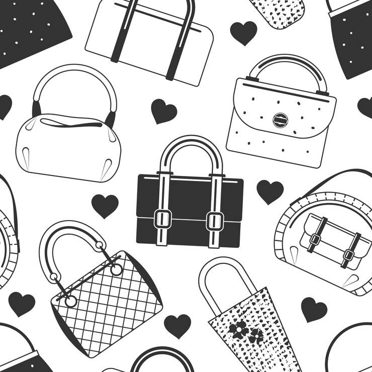 Padrão monocromático sem costura de bolsas de moda Textura sem fim Ilustração vetorial Estilo Doodle
