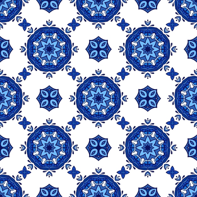 Vetor padrão ornamental sem emenda da mandala abstrata do damasco. azulejo azul