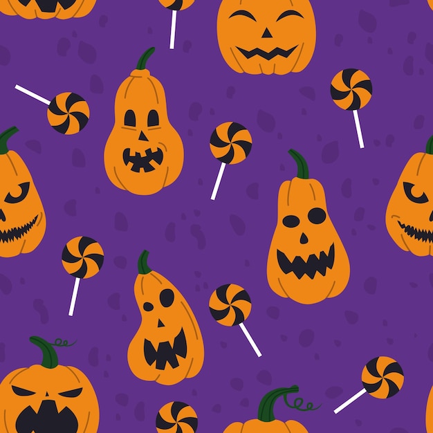 Padrão para o halloween com abóboras e doces em um fundo roxo