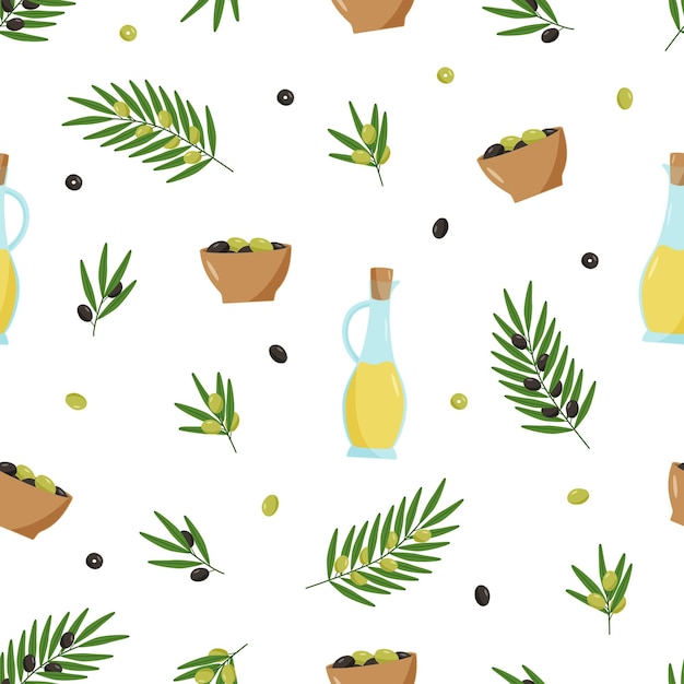 Padrão perfeito azeite de oliva e galhos com folhas e bagas ilustração vetorial