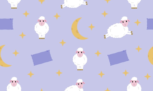 Padrão perfeito com a imagem de estrelas de almofadas de ovelhas e a lua