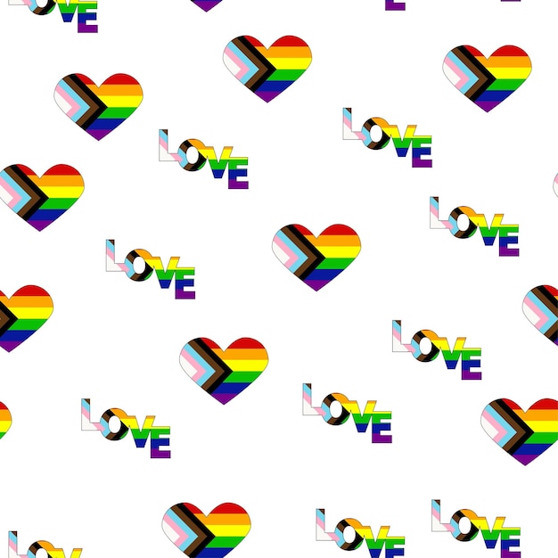 Padrão perfeito com a nova bandeira lgbt corações texto flor e bandeira orgulho gay mês do orgulho amor lgbtq