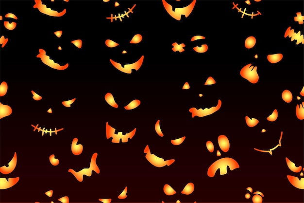 Vetor padrão perfeito com abóboras de halloween de emoções em fundo escuro caras engraçadas para preenchimento de página de impressão têxtil de papel digital de scrapbook ilustração vetorial
