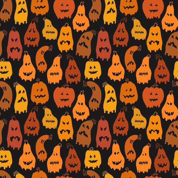 Padrão perfeito com abóboras de sorriso psicodélicas vazadas em fundo preto para o halloween.